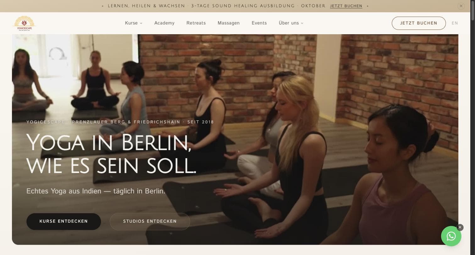 The Yogic Escape website, showing a yoga class in its Berlin studio.