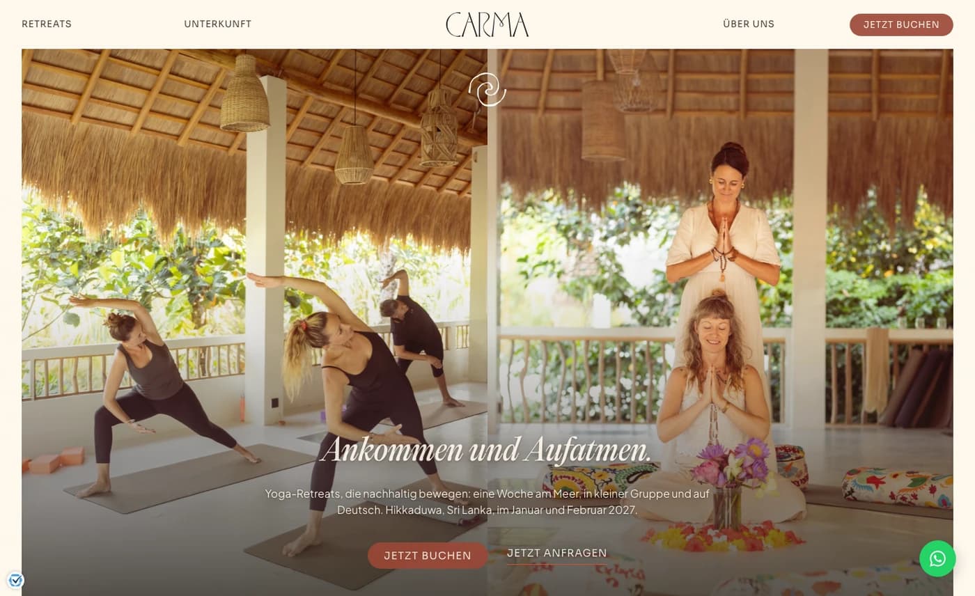 The Carma Retreats website, featuring yoga and retreat experiences in Sri Lanka.